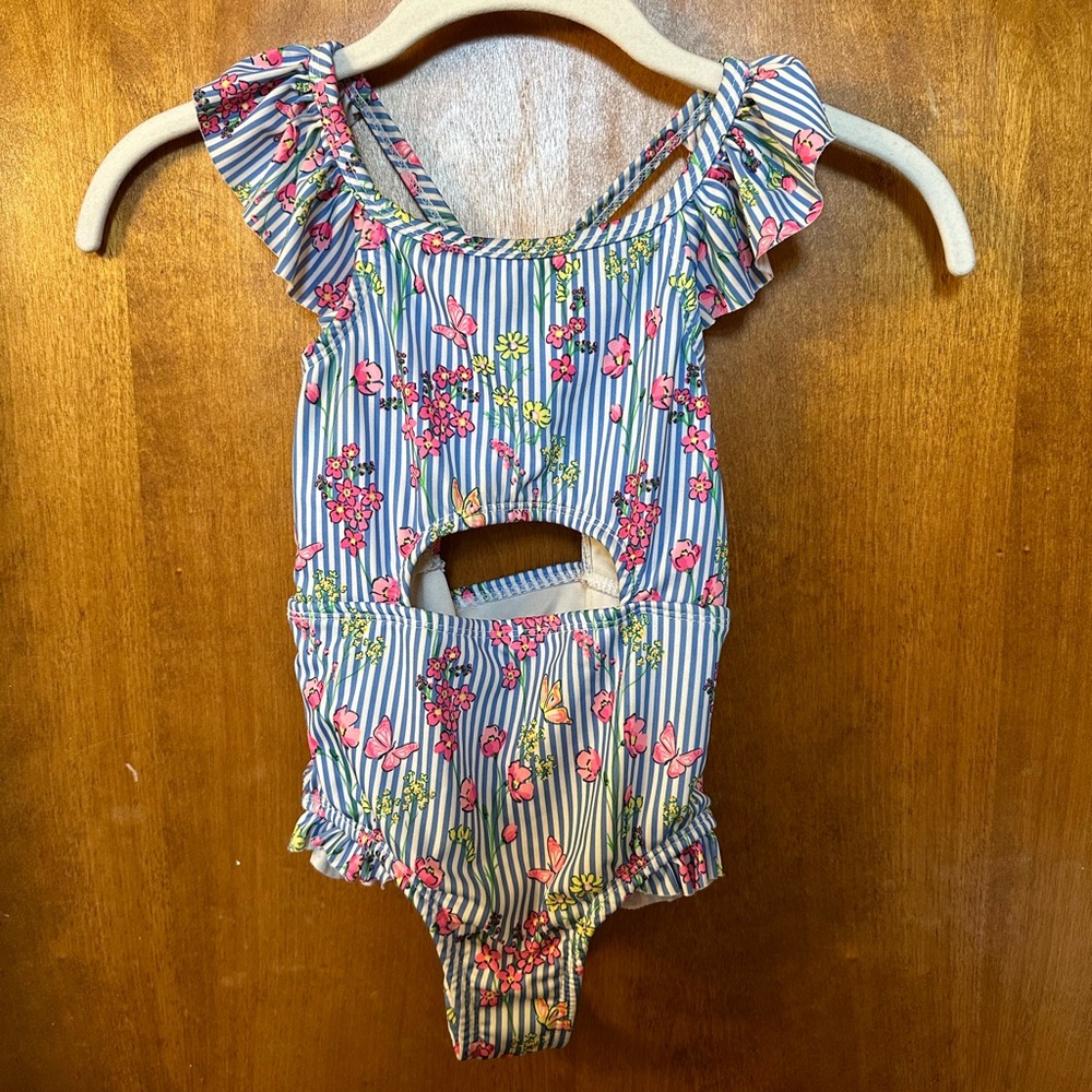 Little Girls One-Piece Striped Butterfly Floral Swimsuit
